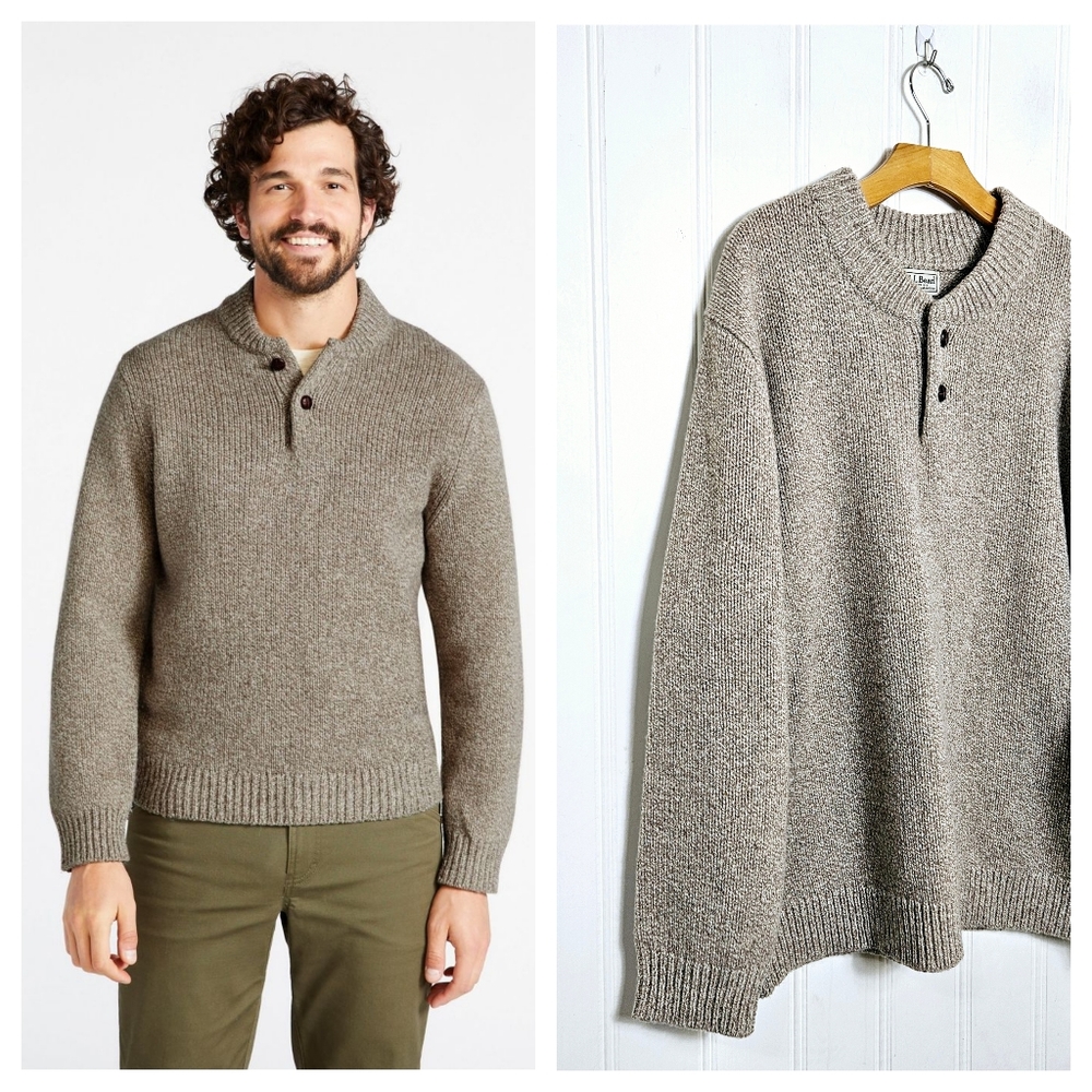 L.L.Bean Ragg Wool Henley Sweater Men XXL Lambswool Tan Classic Pullover